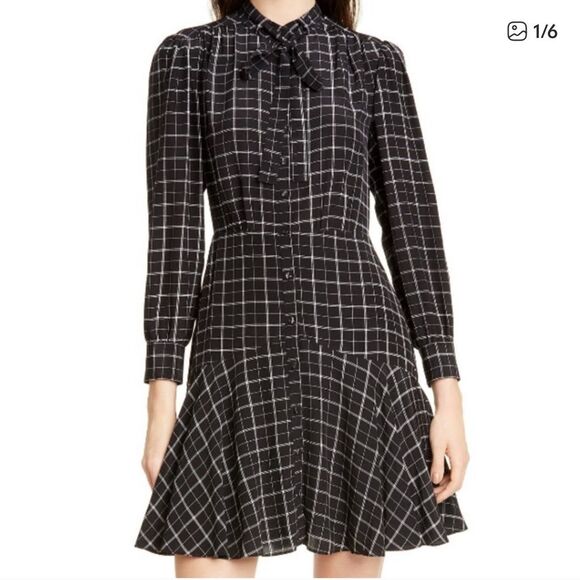 Rebecca Taylor Black Plaid Bow Tie Neck Long Sleeve Mini Silk Dress Size 8 - Picture 1 of 11